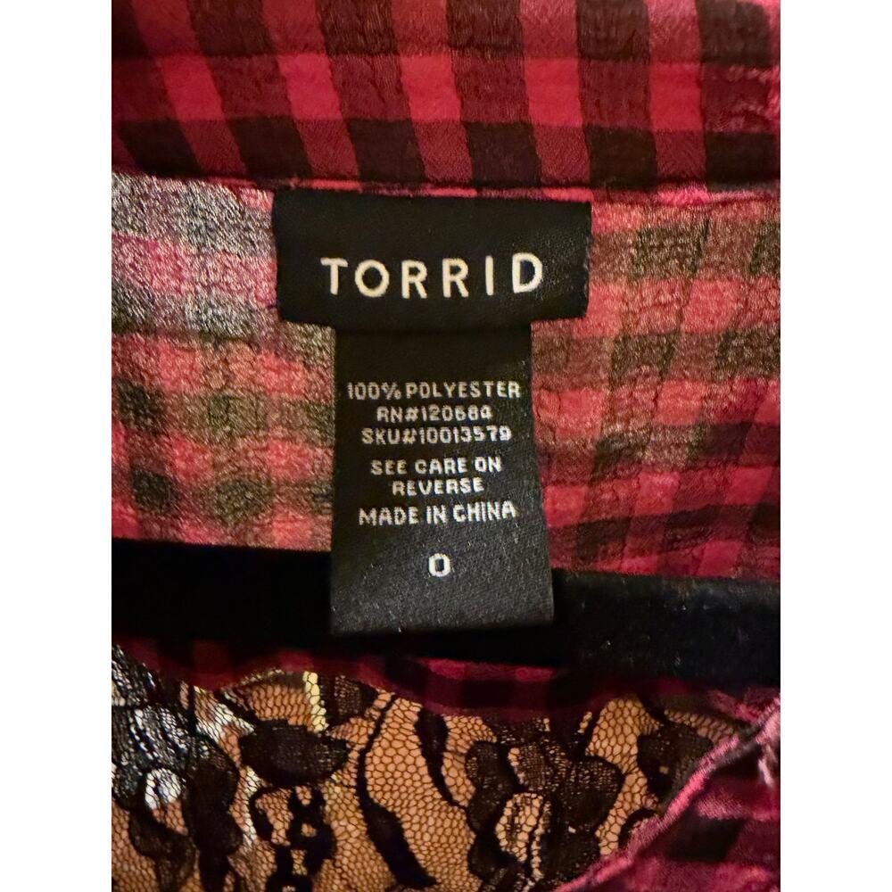 Torrid Women's Pink Black Gingham Tie Back Lace Trim Sheer Boho Top Size 0 Large - Picture 3 of 10